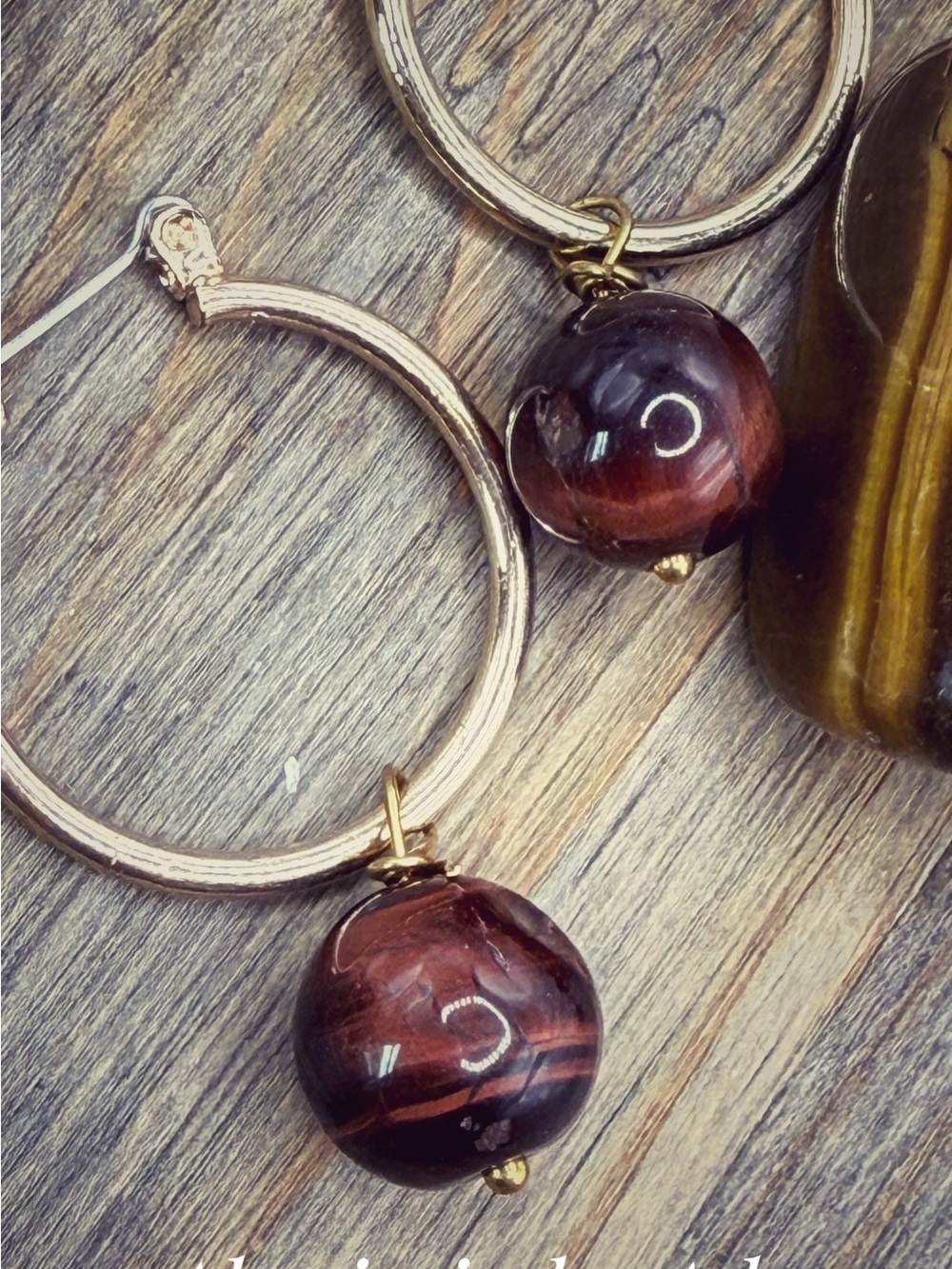 Gold Hoop Earrings with Brown Tiger Eye Bead